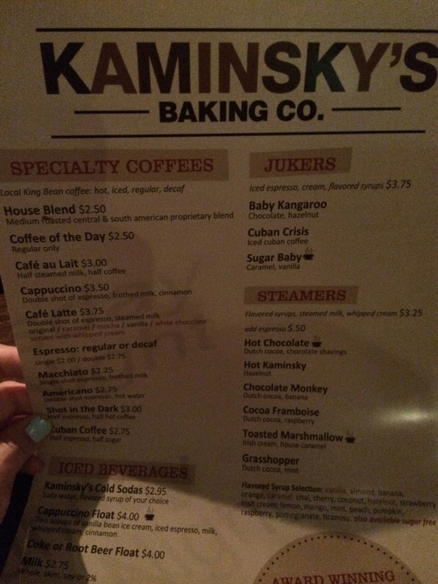 Kaminsky's menu, Charleston, SC